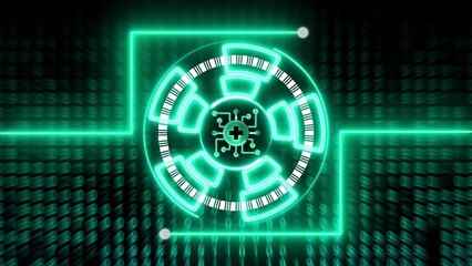 Neon green circuit board with barcode on digital background glowing lines