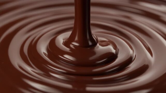Delicious rich dark melted chocolate pouring slowly creating beautiful smooth ripples and swirling patterns on a glossy sweet dessert surface