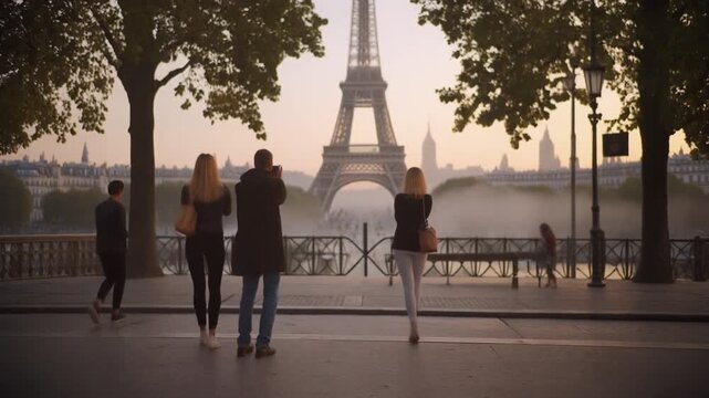 Tourists on a Parisian Promenade Capturing Photos of the Iconic Eiffel Tower and Cityscape During Golden Hour