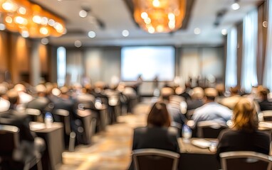Corporate Seminar Blur: A blurred background of a corporate seminar or training session in a conference hall, with attendees. People in professional meeting of business leadership strategy in event