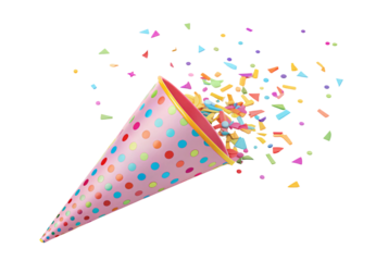 Pink polka dot party hat with colorful confetti explosion, isolated on a transparent background