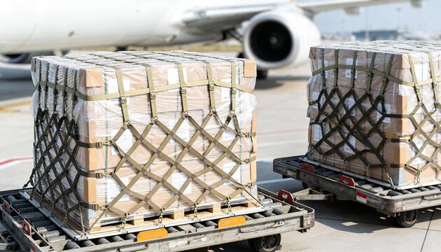Pallets of securely netted cargo boxes on airport dollies ready for loading onto a commercial airliner.