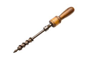 Vintage wooden hand drill carpentry tool with brass, isolated on a transparent background