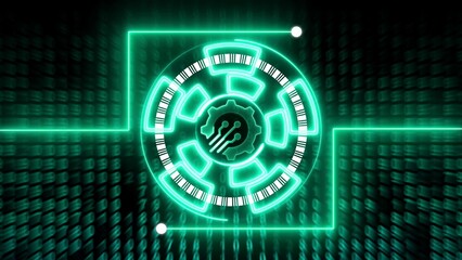 Neon green circuit board symbol with barcode and gear on black background