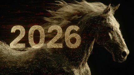Futuristic year 2026 concept with a sparkling, digital horse head against a dark backdrop, symbolizing progress and digital transformation.