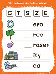Fill in the Blanks Alphabet Exercise. Fun and Educational Worksheet for Preschool and Kindergarten Activities.