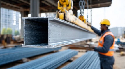 A man in a yellow and orange safety vest is lifting a steel beam