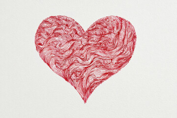 Intricate red heart shape drawn with swirling lines on a textured white background. A detailed artistic representation of a heart formed by numerous red, flowing, organic lines.