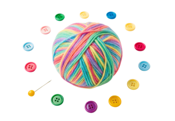 Rainbow yarn ball surrounded by colorful sewing buttons and pin, isolated on a transparent background
