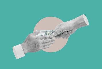Digital collage modern art. Hand giving and receiving money
