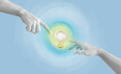 Digital collage, Hands touching glowing light bulb