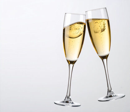 Dos copas de champ&aacute;n color dorado brindando en brindis de fin de a&ntilde;o o celebraci&oacute;n de fiesta o aniversario en fondo blanco liso  con espacio para texto y publicidad