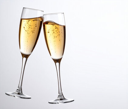 Dos copas de champ&aacute;n color dorado brindando en brindis de fin de a&ntilde;o o celebraci&oacute;n de fiesta o aniversario en fondo blanco liso  con espacio para texto y publicidad