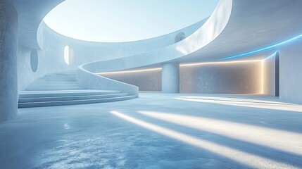Conceptual Empty Architectural Space With White Round Interior Blue Lighting Shadow Lines Floor and Wall Suggesting the Structure of a Futuristic Business Home