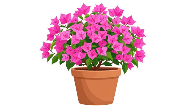 Cartoon potted plant with vibrant magenta bracts, green leaves, and a terracotta pot on a white background