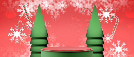 Festive Merry Christmas Candy Cane Background and Snowflakes with Red Holiday Podium for Product Display, 3d illustration rendering, xmas decoration