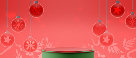 Festive Merry Christmas Candy Cane Background and Snowflakes with Red Holiday Podium for Product Display, 3d illustration rendering