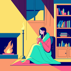 illustration of a woman sitting on a chair in a cafe