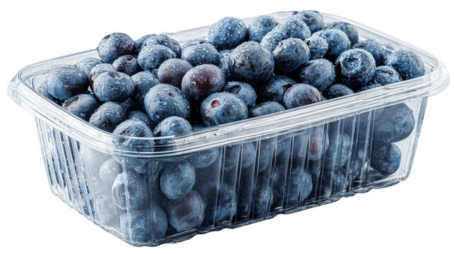 Fresh blueberries in a small plastic tray transparent png background. Ai generated