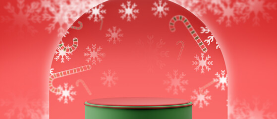 Festive Merry Christmas Candy Cane Background and Snowflakes with Red Holiday Podium for Product Display, 3d illustration rendering, xmas decoration
