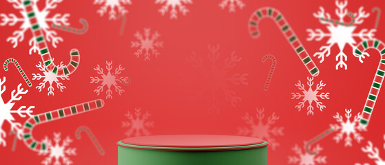 Festive Merry Christmas Candy Cane Background and Snowflakes with Red Holiday Podium for Product Display, 3d illustration rendering