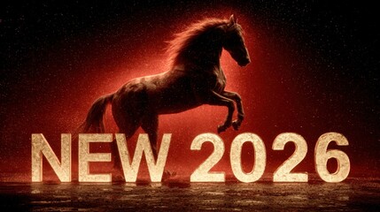 Symbolizing forward momentum, a horse leaps boldly above the text 'NEW 2026', set against a backdrop of dynamic, spirited, and fiery hues.