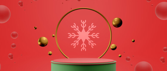 Festive Merry Christmas Candy Cane Background and Snowflakes with Red Holiday Podium for Product Display, 3d illustration rendering, xmas decoration