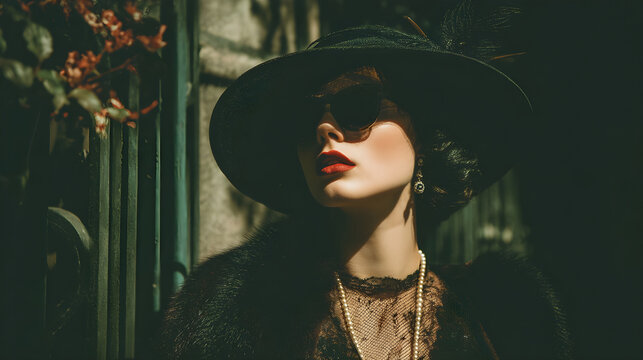 Elegant woman wearing vintage hat and red lipstick