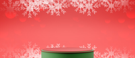Festive Merry Christmas Candy Cane Background and Snowflakes with Red Holiday Podium for Product Display, 3d illustration rendering, xmas decoration