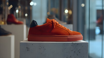 Orange suede sneaker displaying luxury footwear fashion in retail store
