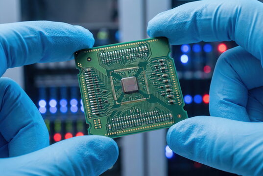 Technician in blue gloves inspects a microchip, highlighting semiconductor technology, data processing, and IT infrastructure. - Powered by Adobe