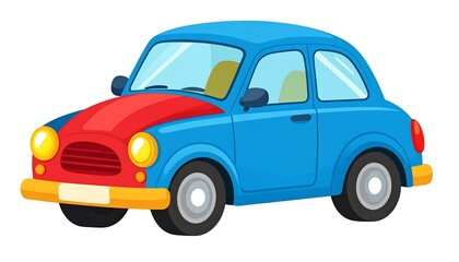 Cartoon-style, blue and red compact car illustration, isolated on white with shiny windows and simple details