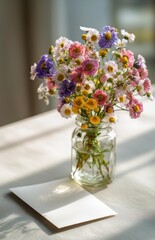 Wildflower bouquet in glass jar with blank card
