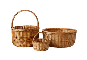 Obraz premium Empty wicker baskets in various sizes with handles, isolated on a transparent background
