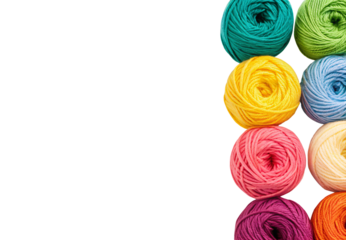 Colorful yarn balls arranged in rainbow spectrum, soft cotton thread skeins, isolated on a transparent background