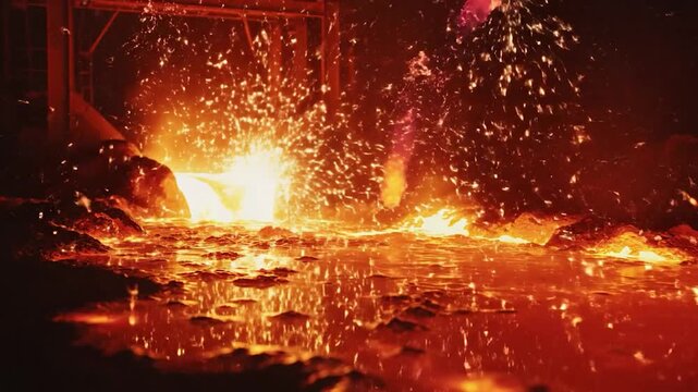 Molten metal pouring in foundry at night
