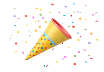 Colorful party horn with confetti scattered around on white background, isolated on a transparent background