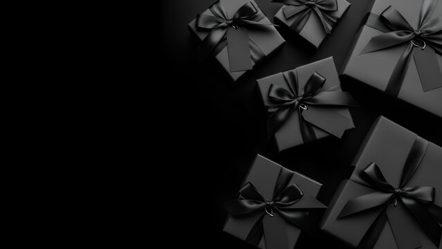 Flat Lay Black Gifts With Tags And Ribbons for holiday Christmas and black Friday and cyber Monday