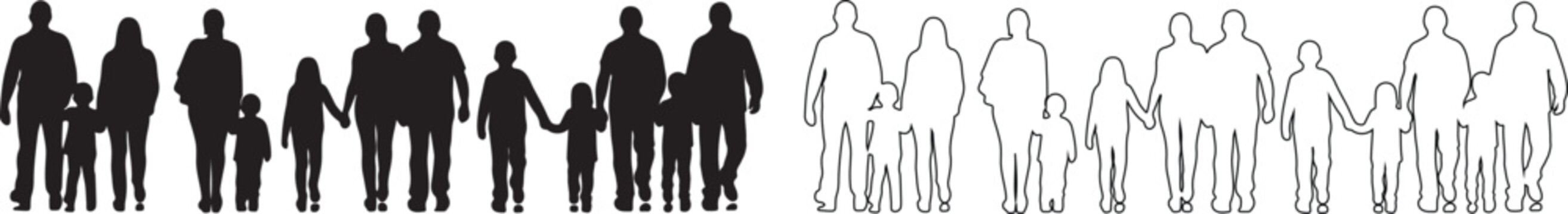 Vector Set of People and Family Silhouettes in Solid Black and Outline Styles isolated PNG with Transparent Background