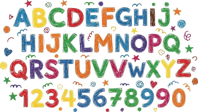 A colorful vector set featuring alphabet letters and numbers in a fun typography design for kids to learn at school
