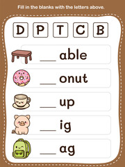 Fill in the Blanks Alphabet Exercise. Fun and Educational Worksheet for Preschool and Kindergarten Activities.