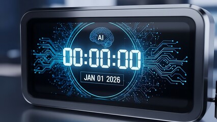 Digital clock displaying time and ai icon technology concept