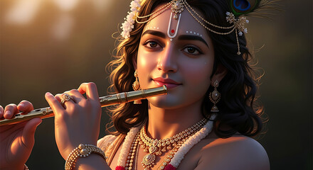 Lord Krishna playing golden flute with ornate jewelry
