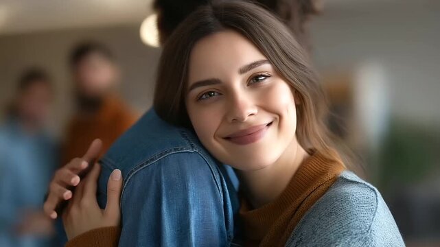 Faceless young happy woman receiving support from group therapy defocused mental health center background peer encouragement collective healing therapeutic community with copy