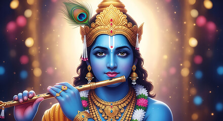 Blue skinned Krishna plays golden flute adorned with peacock feather