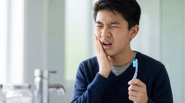 Young Asian man experiencing toothache in bathroom holding toothbrush