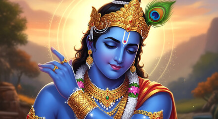 Blue skinned Krishna with ornate gold crown and peacock feather