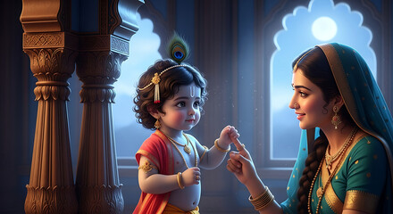 Baby Krishna with Mother in Ornate Interior child woman