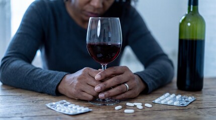 Woman holding wine glass and pills on table