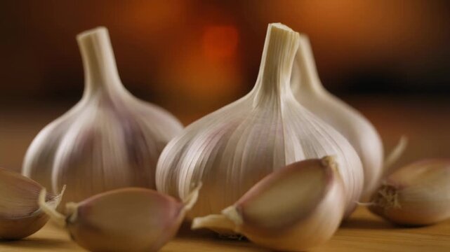 Fresh whole garlic bulbs and individual cloves on a rustic wooden table, perfect for healthy cooking and culinary themes. Essential kitchen ingredient.